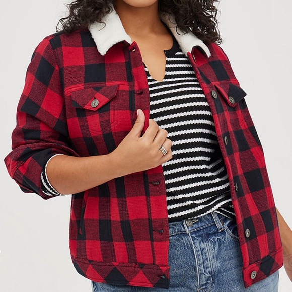 Torrid Buffalo Plaid Red Trucker Coat - Picture 1 of 11